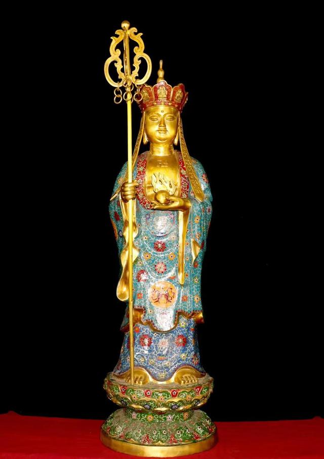 旧西藏旧纯铜花丝珐琅《西藏菩萨王全像》纯手工花丝珐琅景泰蓝佛